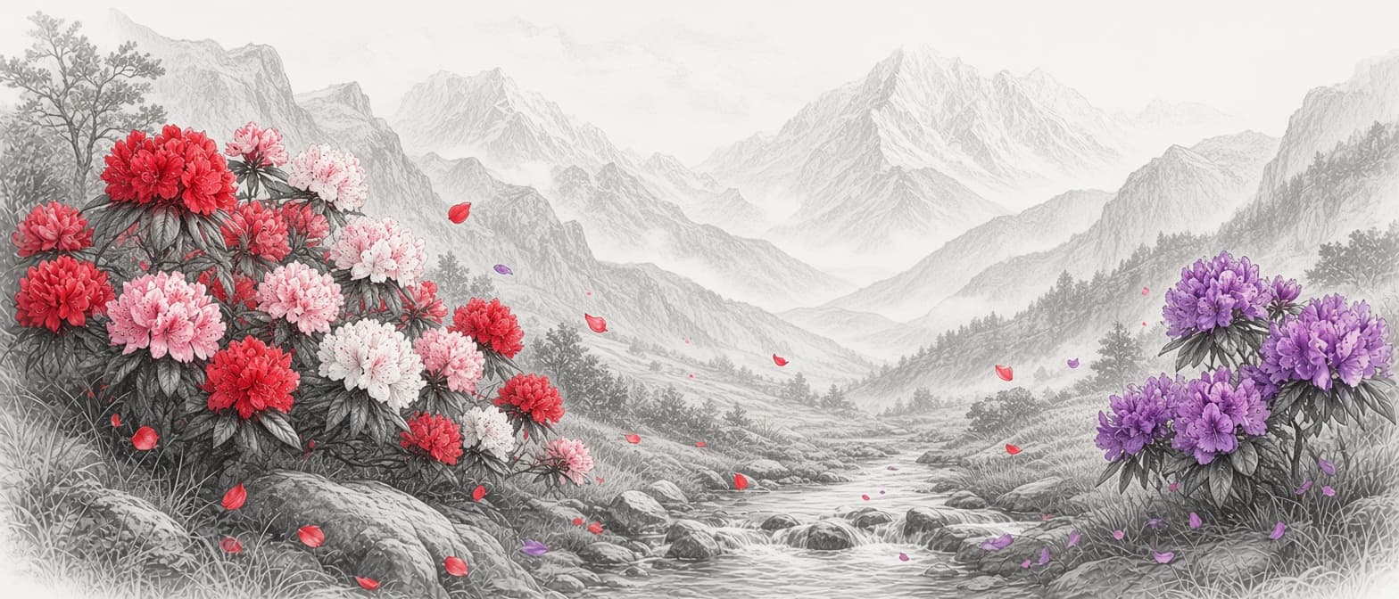 AI-generated illustration of a Himalayan valley, drawn in pencil, with red and purple rhododendrons in bloom along the slopes